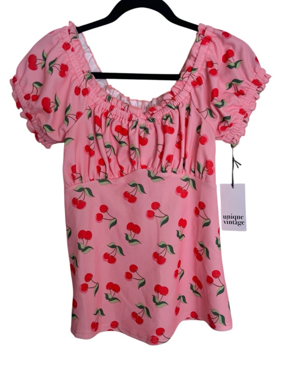 NWT Unique Vintage Cherry Print Short Puff Sleeve Top Large - Picture 5 of 10